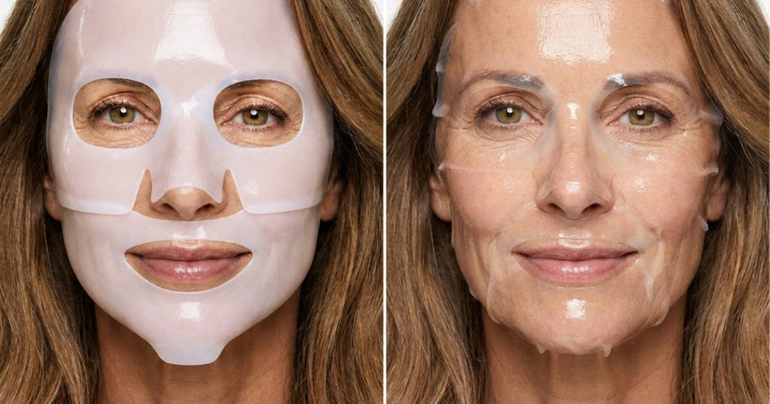 Masque Bio-Collagène Collavie posé sur le visage, puis devenu transparent après la pose