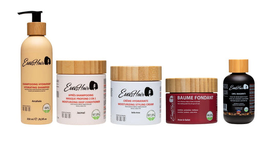 Gamme capillaire hydratante EvasHair : shampooing Arcahaie, masque Jacmel, creme Belle-Anse et baume Anse-a-Galet