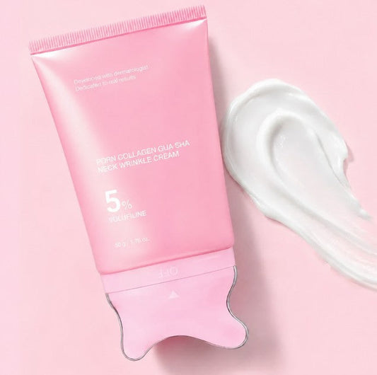 Crème Collagène PDRN Gua Sha 50 g et sa texture, applicateur Gua Sha intégré