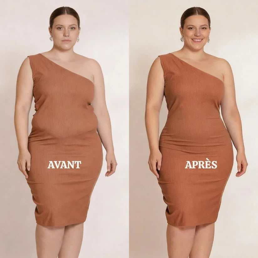 Avant après sous une robe moulante avec la culotte gainante post-partum