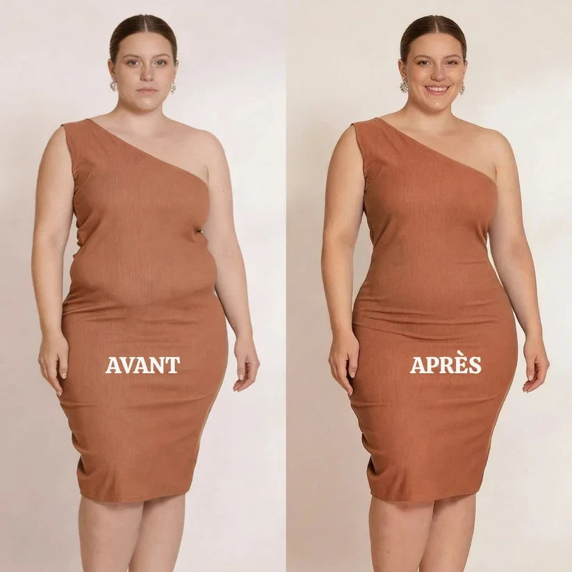 Avant après sous une robe moulante avec la culotte gainante post-partum