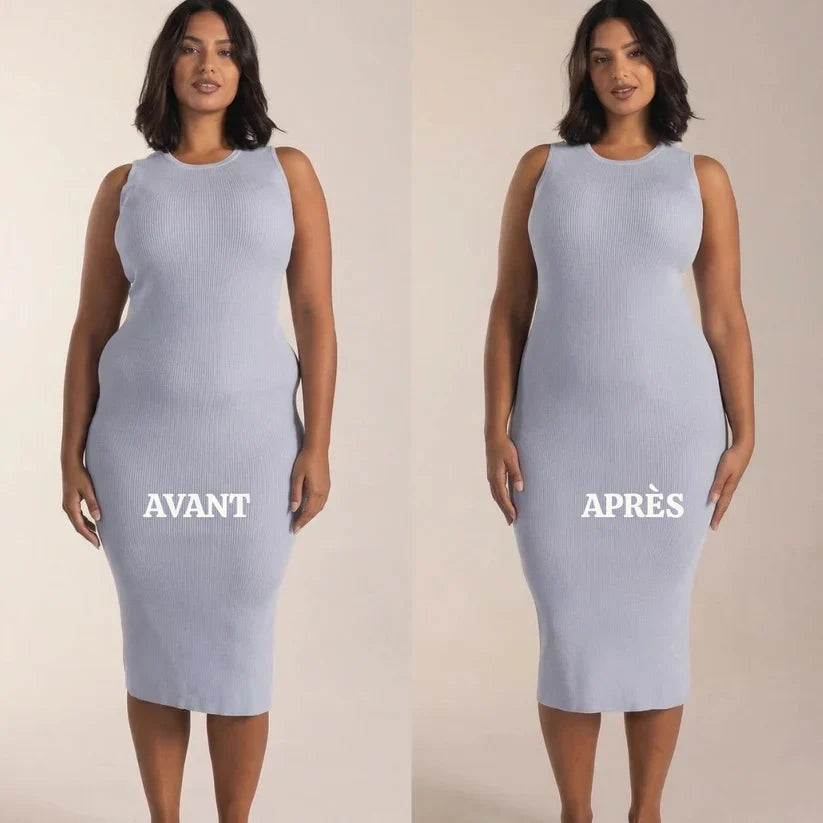 Silhouette lissée sous une robe côtelée grâce à la culotte gainante post-partum