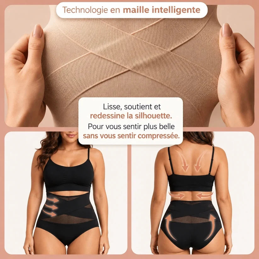Maille des bandes croisées de la culotte gainante post-partum, vue de face et de dos