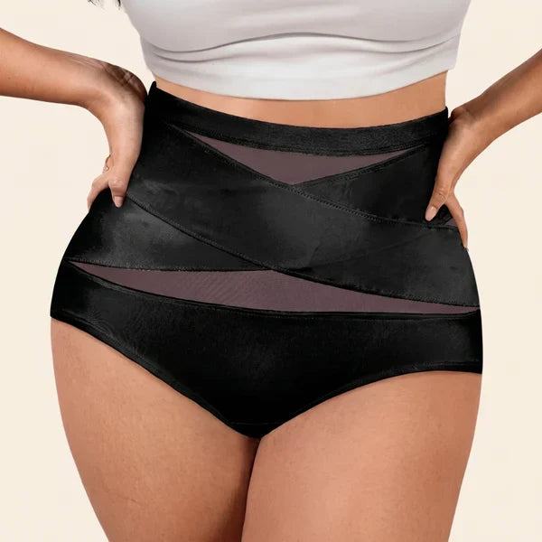 Culotte gainante post-partum taille haute coloris noir, bandes croisées sur le ventre