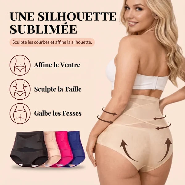 Culotte gainante post-partum portée de dos, quatre coloris noir, chair, rose et bleu marine