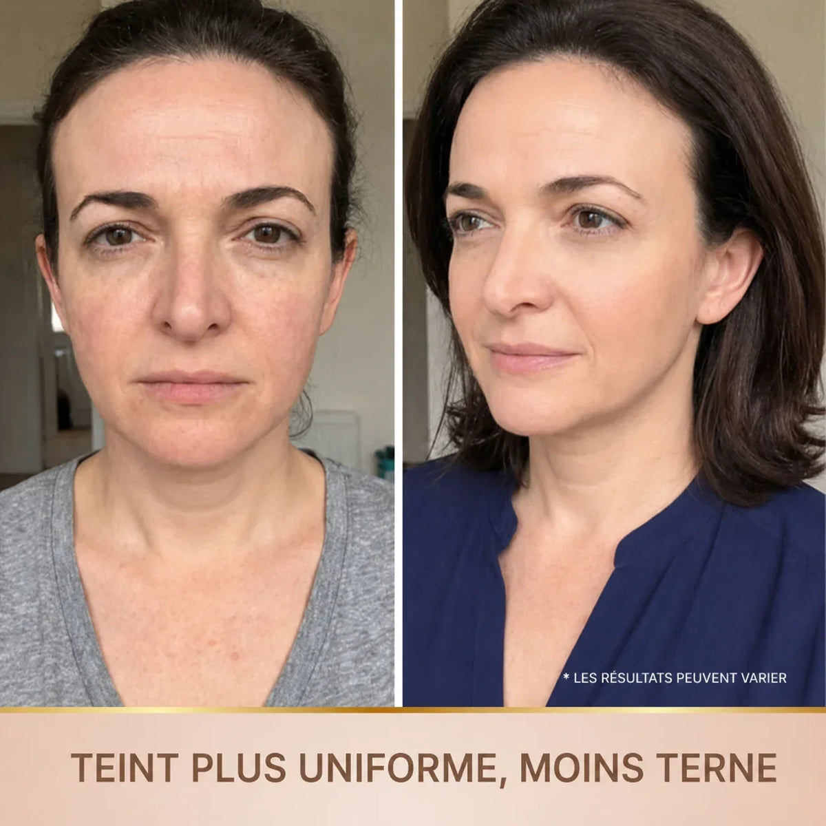 Avant / après sérum aux peptides de soie : teint plus uniforme et moins terne