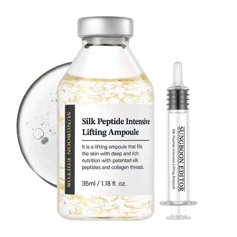 Sérum coréen aux peptides de soie : flacon aux fils de collagène et son applicateur sans aiguille